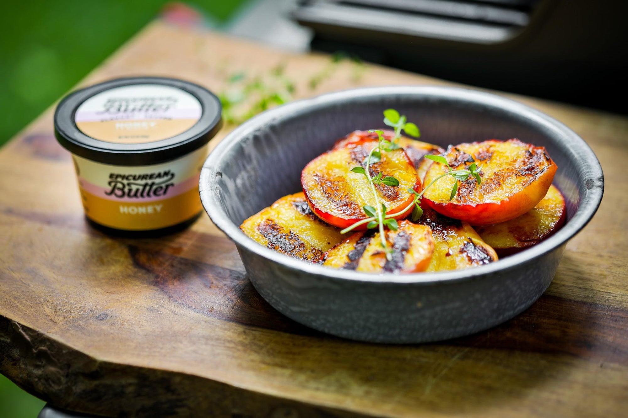 Grilled peaches with Epicurean Butter Honey Flavored Butter