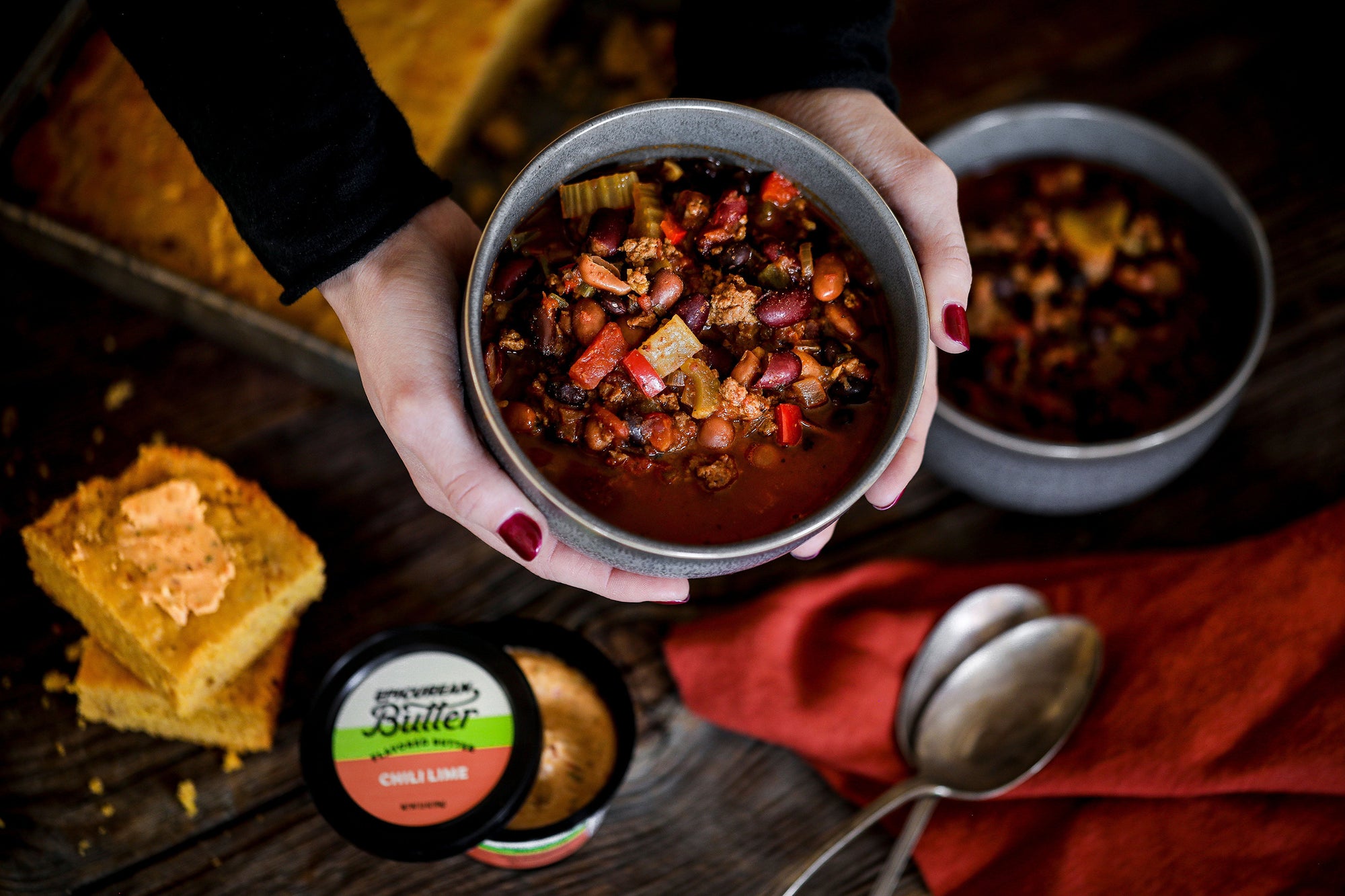 Three Bean Chili made with Epicurean Butter Chili Lime Flavored Butter