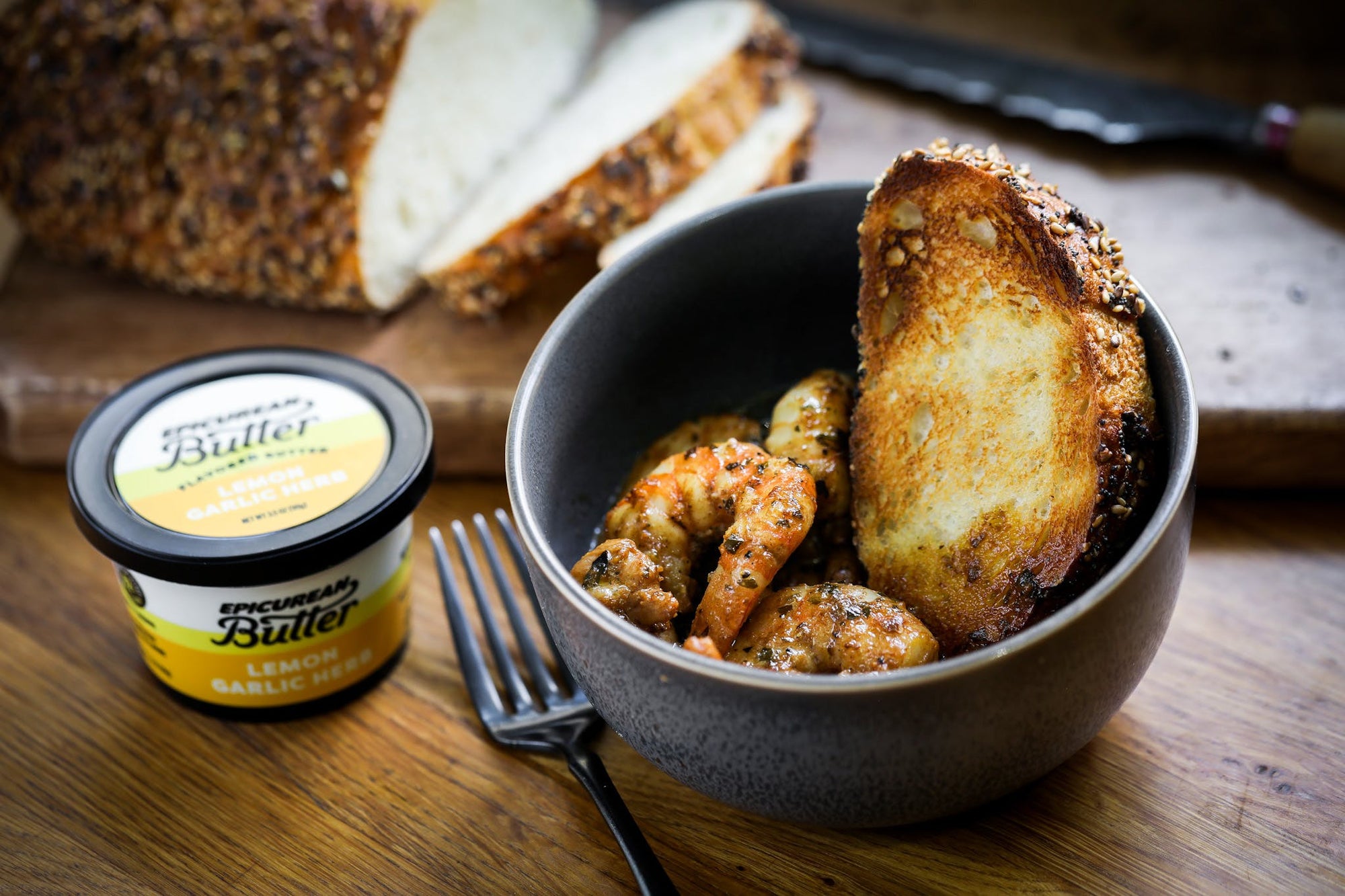 New Orleans-Style Shrimp made with Epicurean Butter Lemon Garlic Herb Flavored Butter