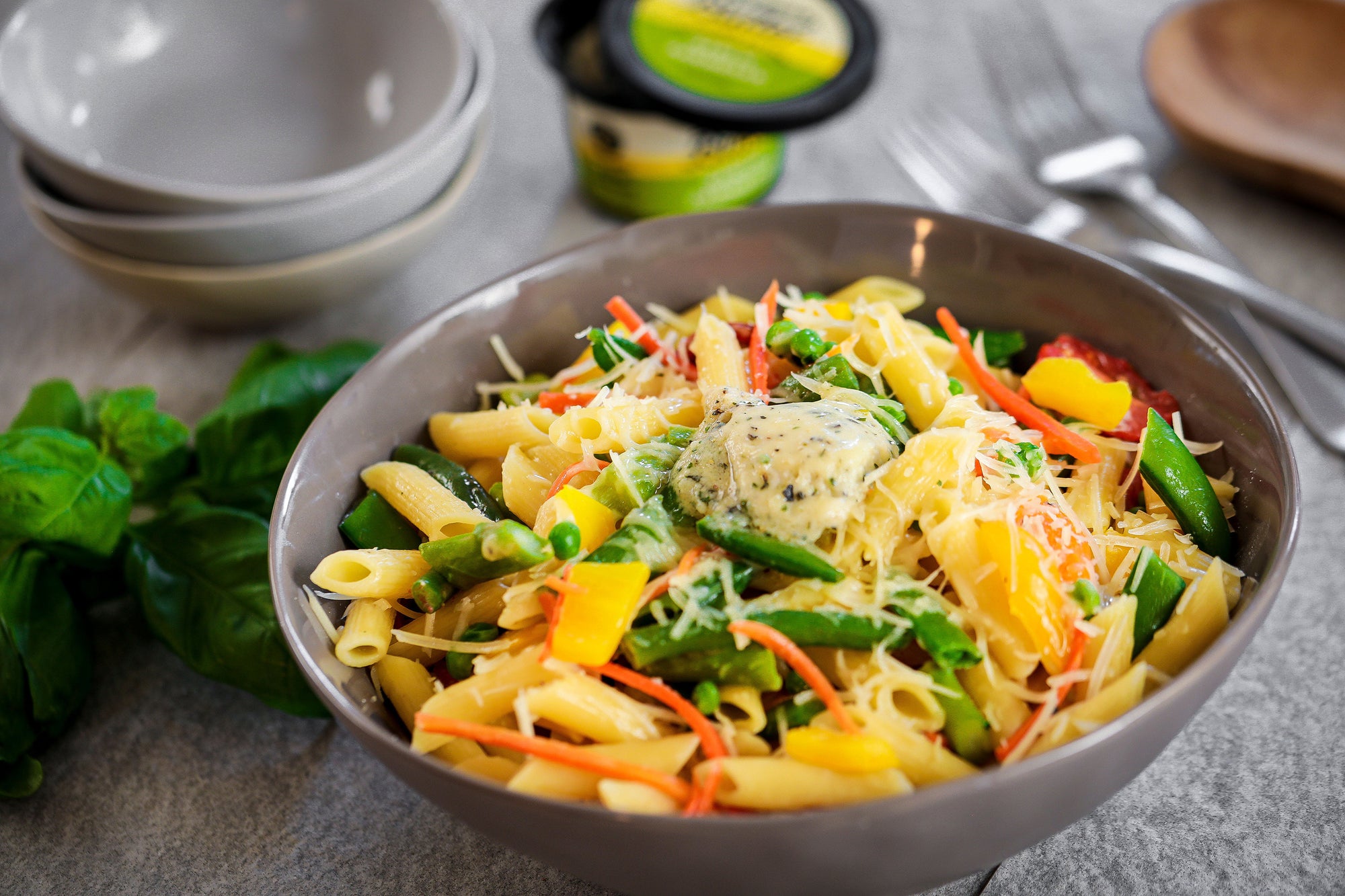 Pasta Primavera made with Epicurean Butter Garlic Parmesan Flavored Butter