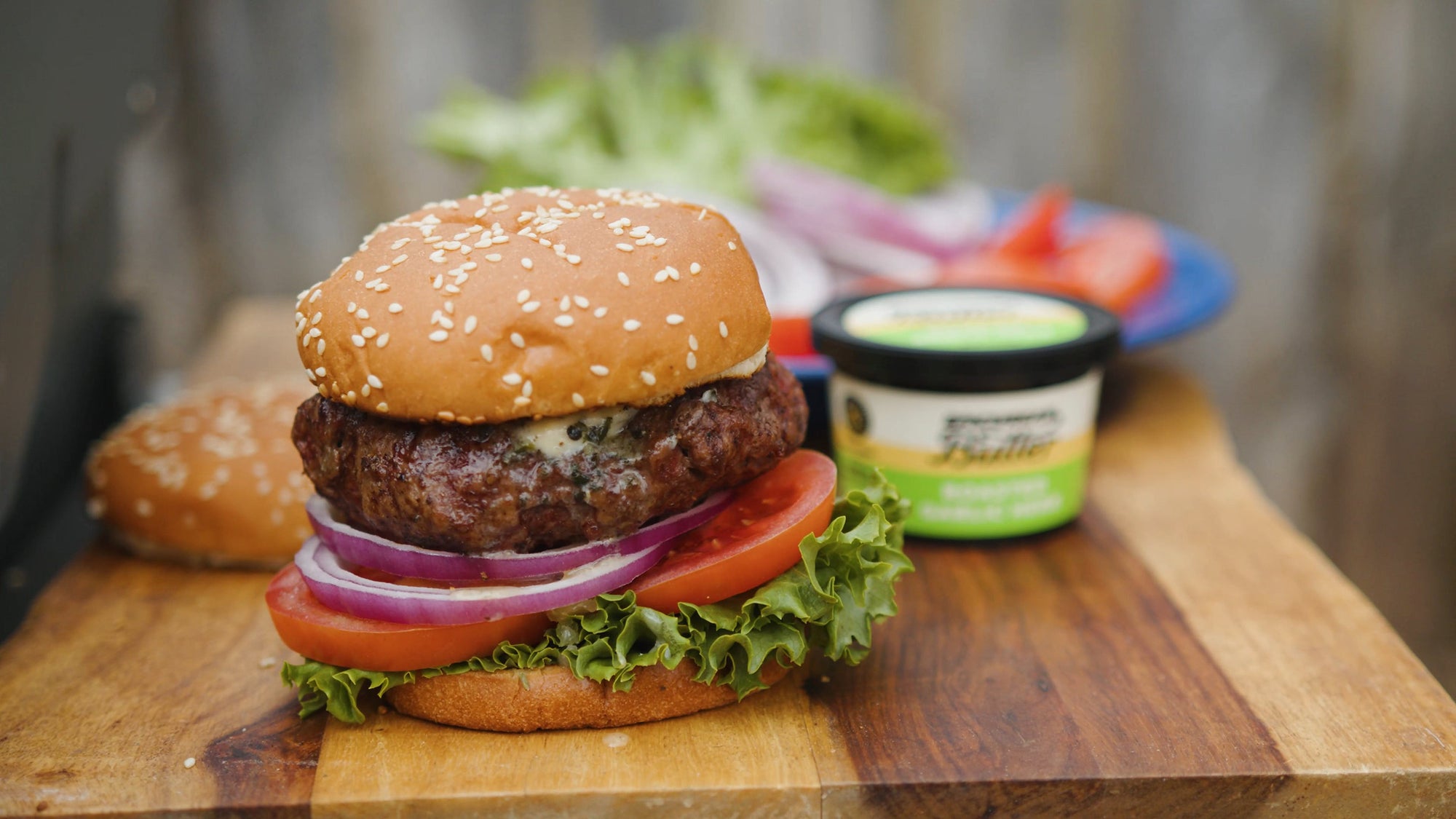 Butter Burgers made with Epicurean Butter Roasted Garlic Herb Flavored Butter