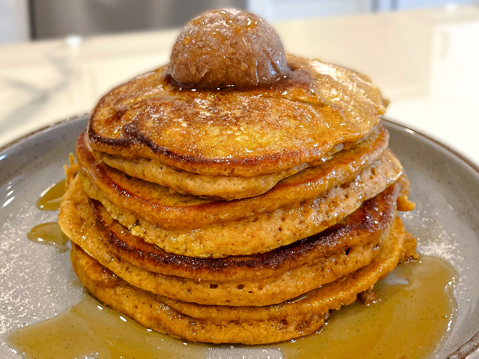 Pumpkin Cinnamon Pancakes made with Epicurean Butter Cinnamon & Brown Sugar Flavored Butter