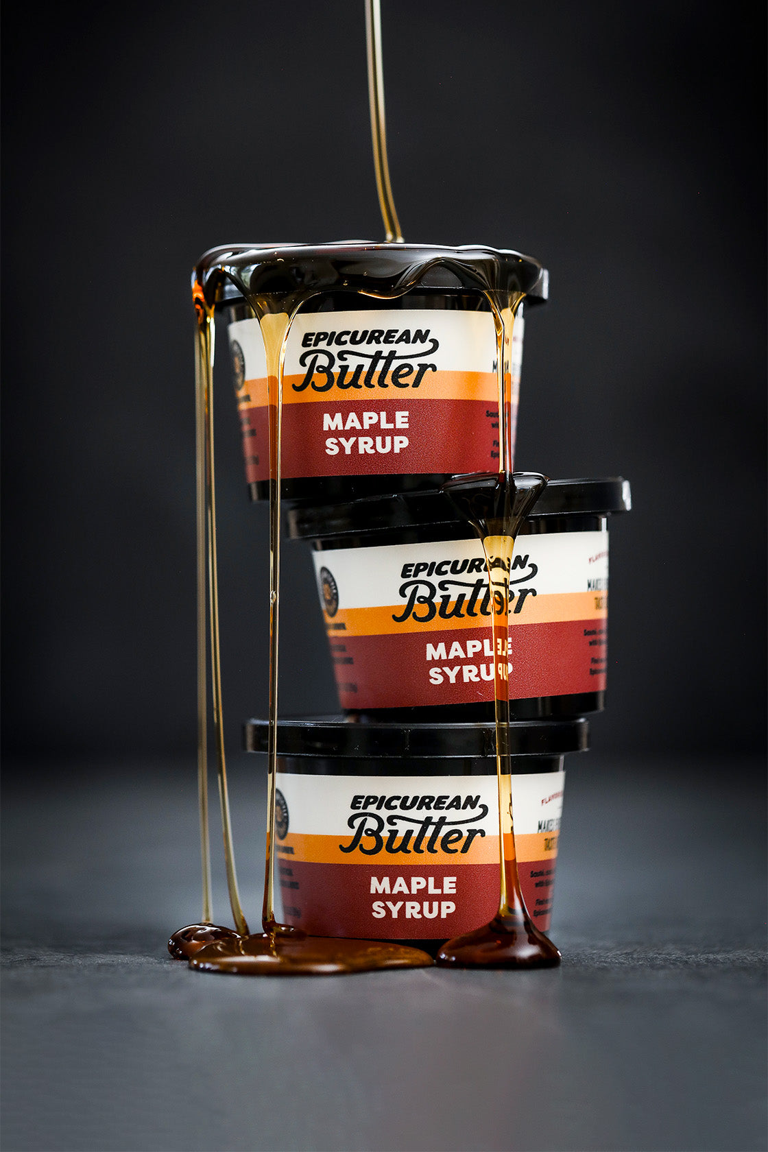 Epicurean Butter Maple Syrup Flavored Butter stack with maple syrup drizzle