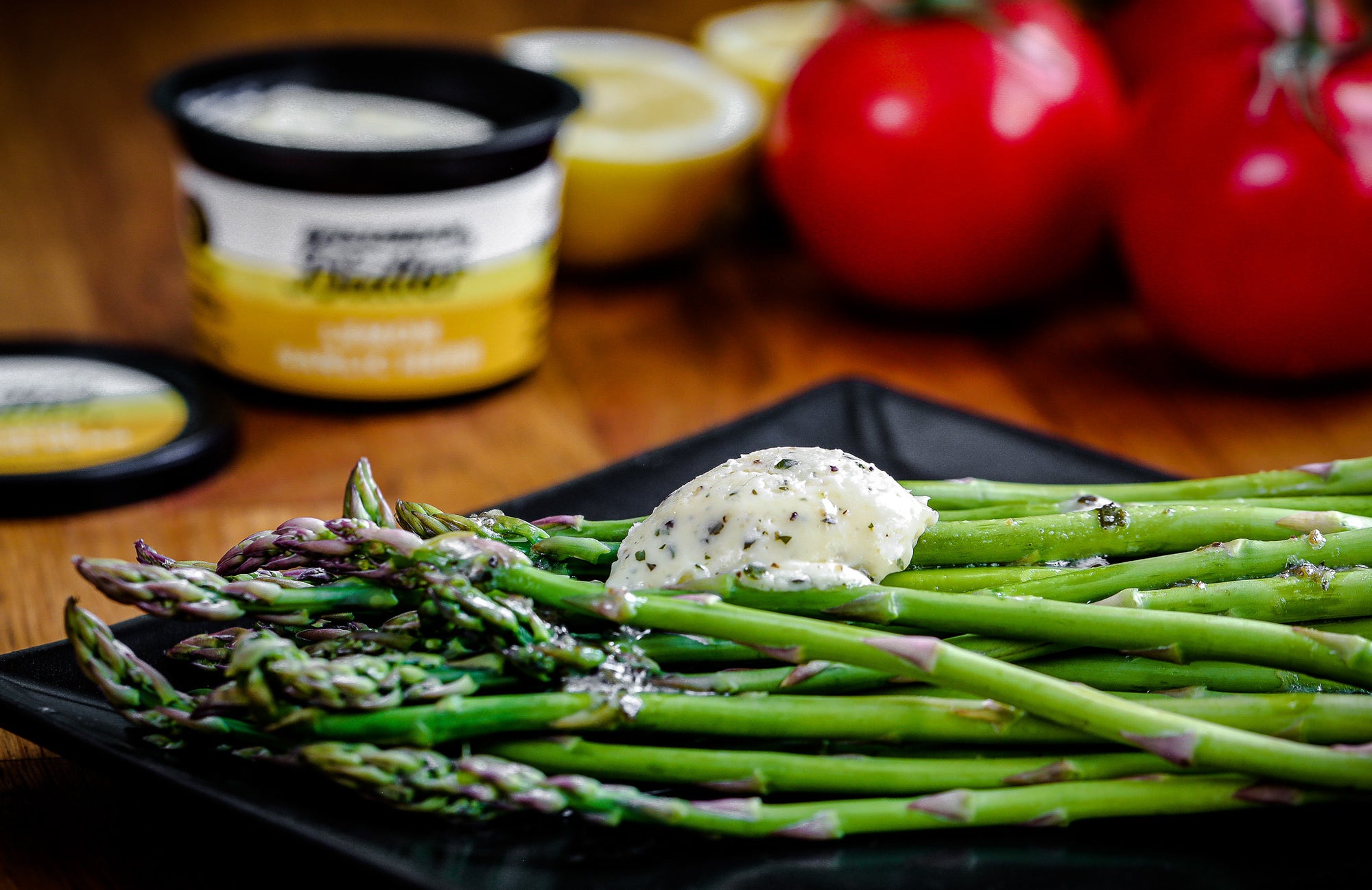 Asparagus with Epicurean Butter Lemon Garlic Herb Flavored Butter