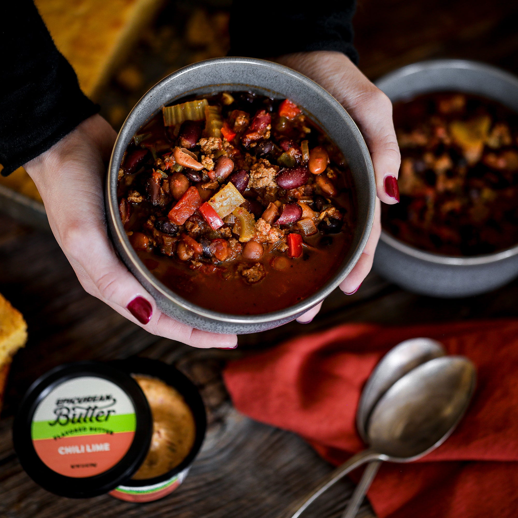 Three Bean Chili made with Epicurean Butter Chili Lime Flavored Butter