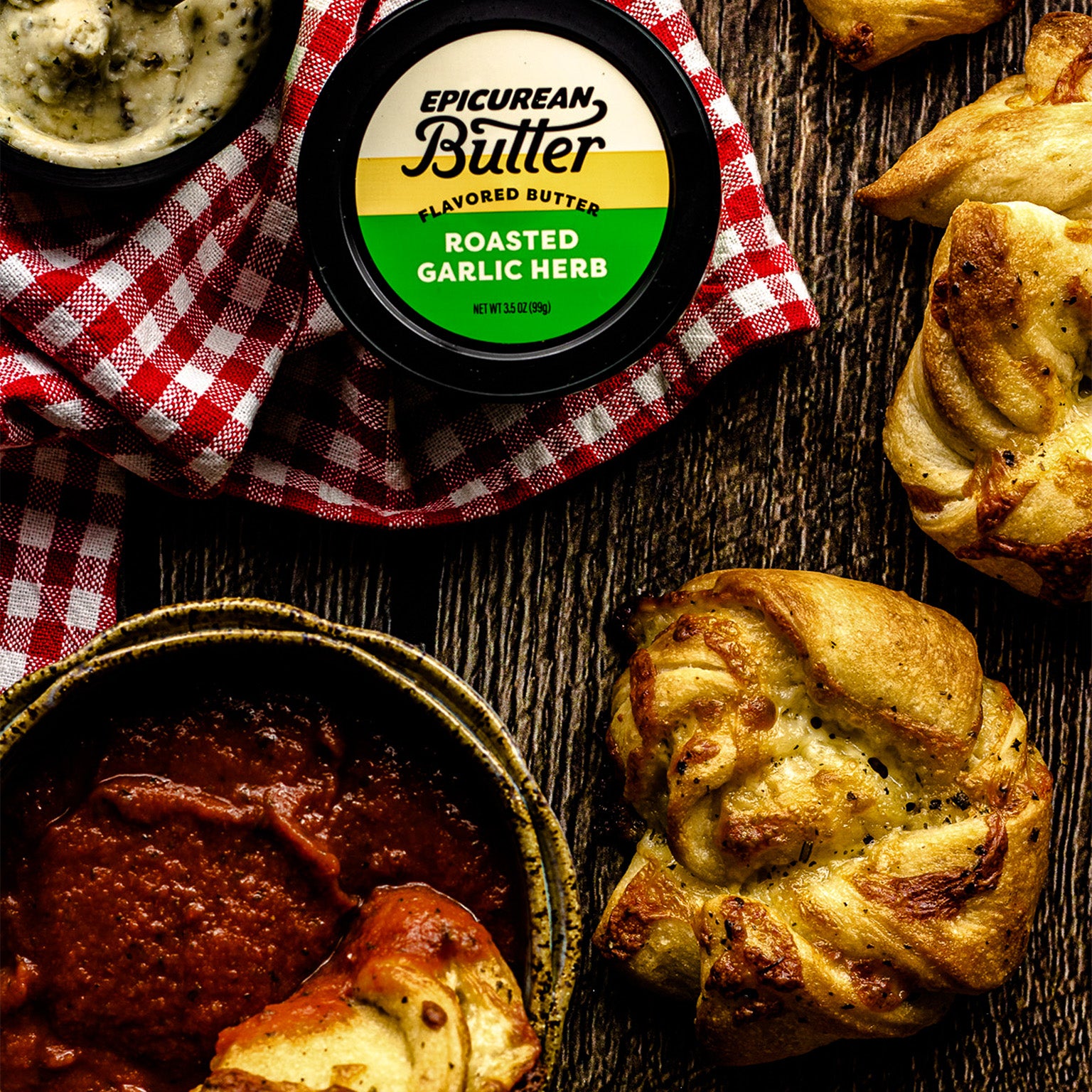 Pizza Twists made with Epicurean Butter Roasted Garlic Herb Flavored Butter