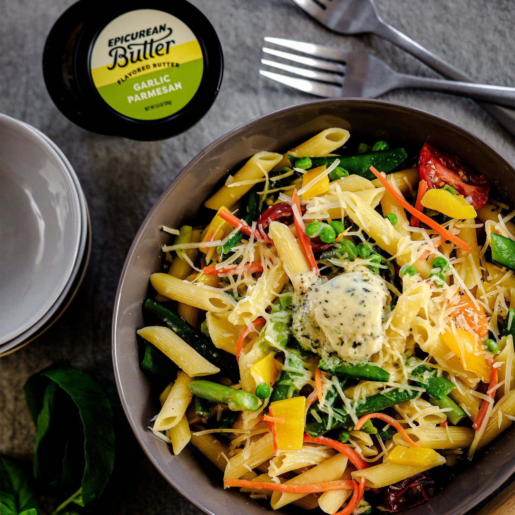 Pasta Primavera made with Garlic Parmesan Flavored Butter