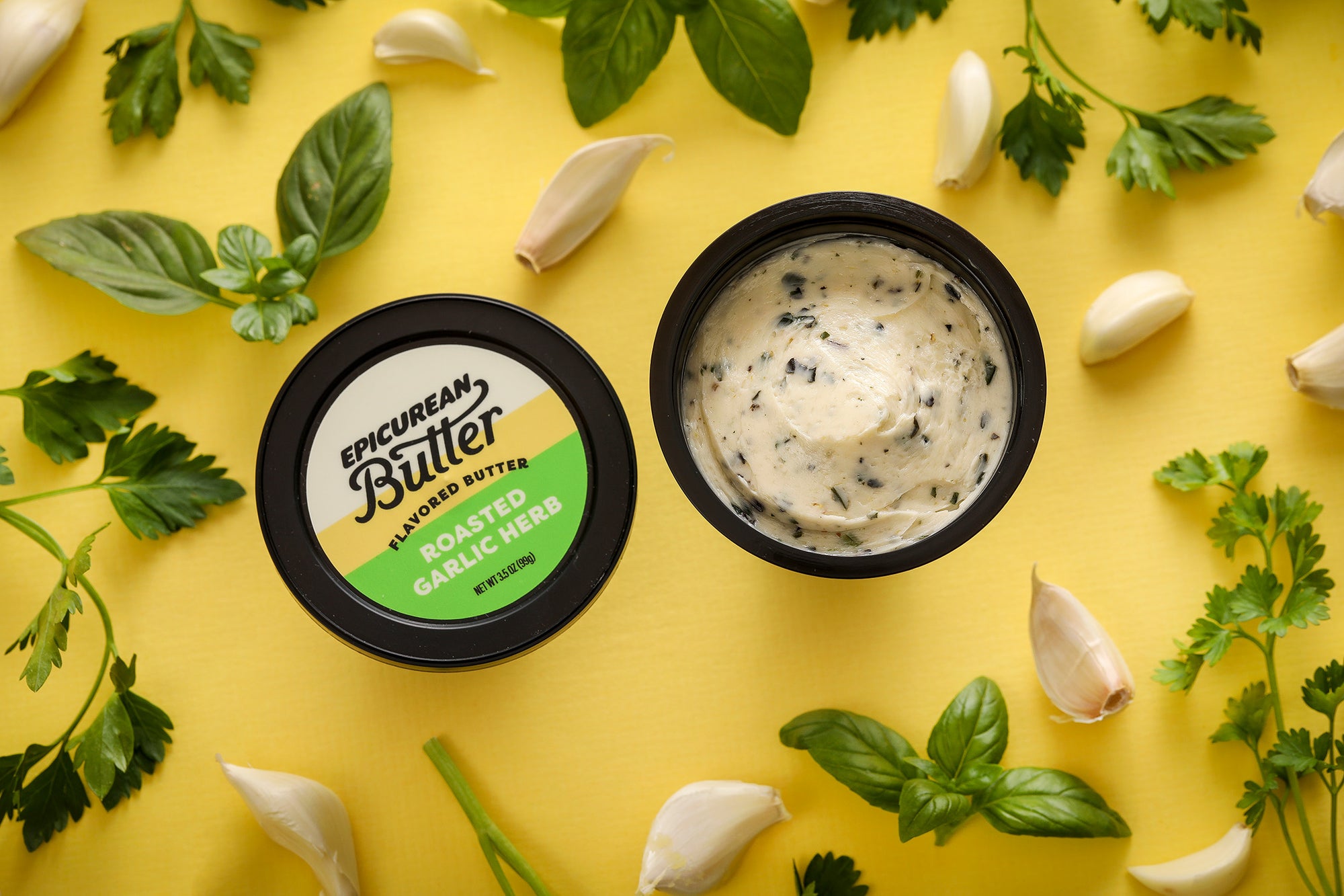Epicurean Butter Roasted Garlic Herb Flavored Butter with ingredients