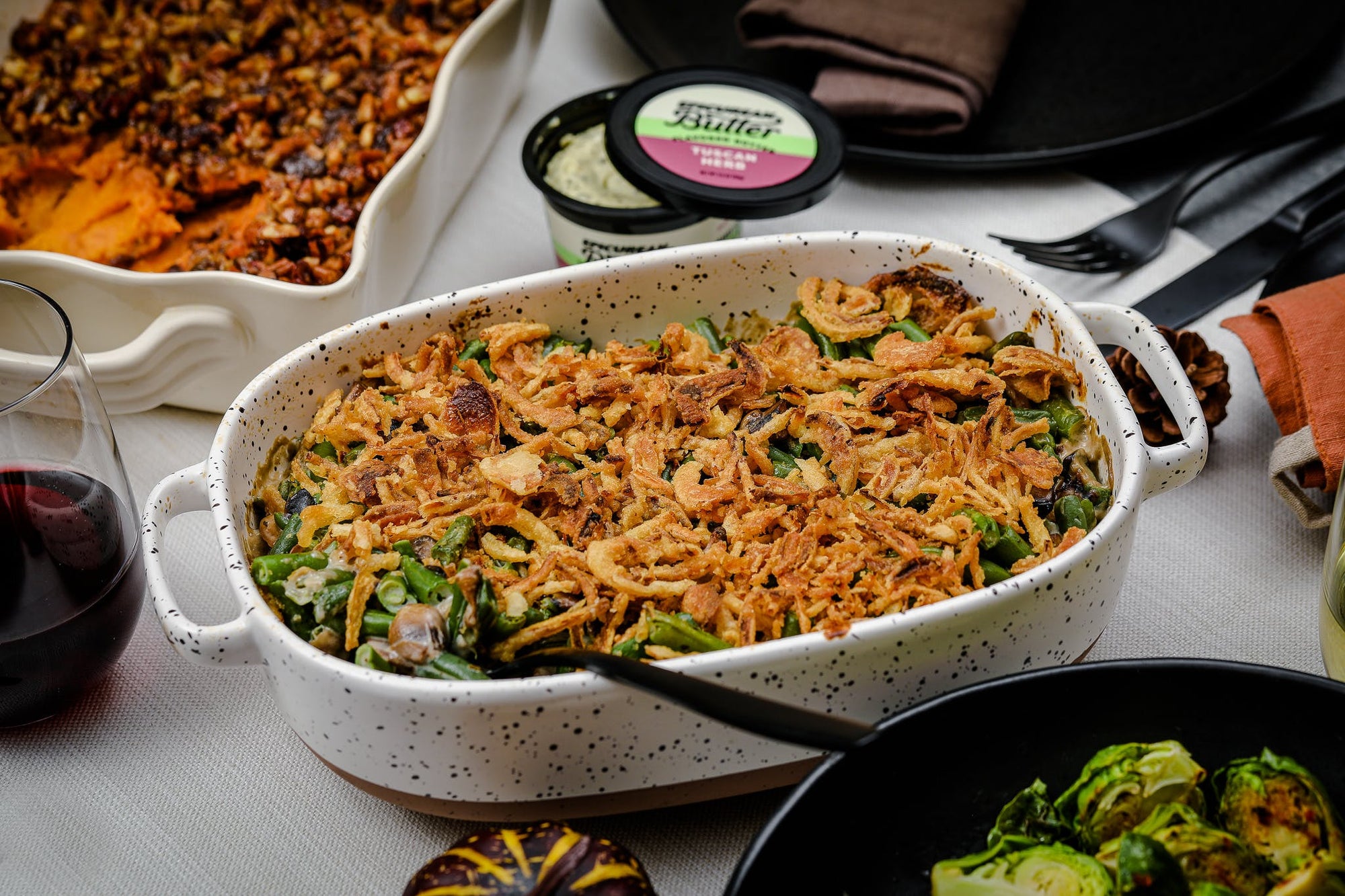 Green Bean Casserole made with Epicurean Butter Tuscan Herb Flavored Butter