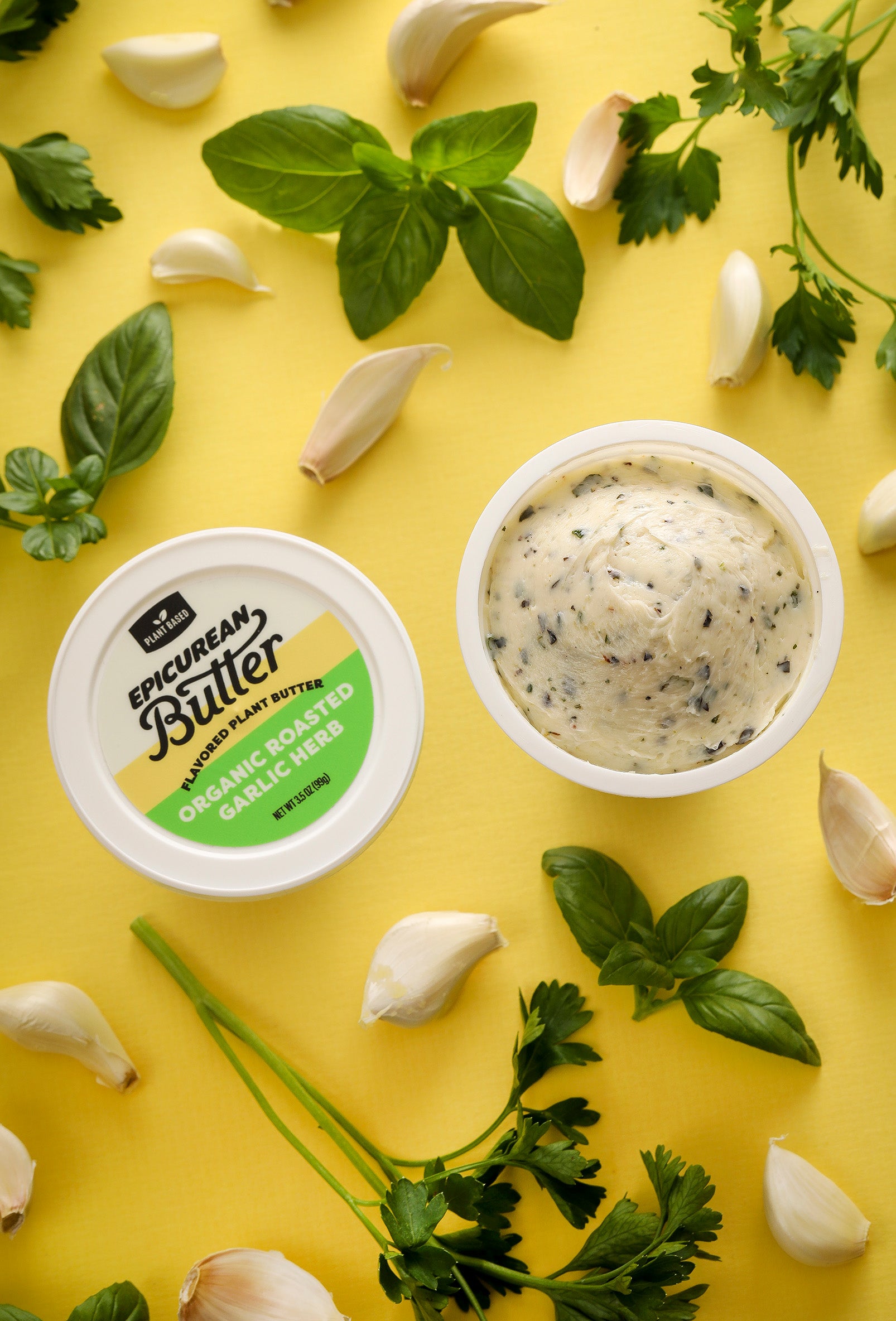 Organic Roasted Garlic Herb Flavored Plant Butter tub with ingredients