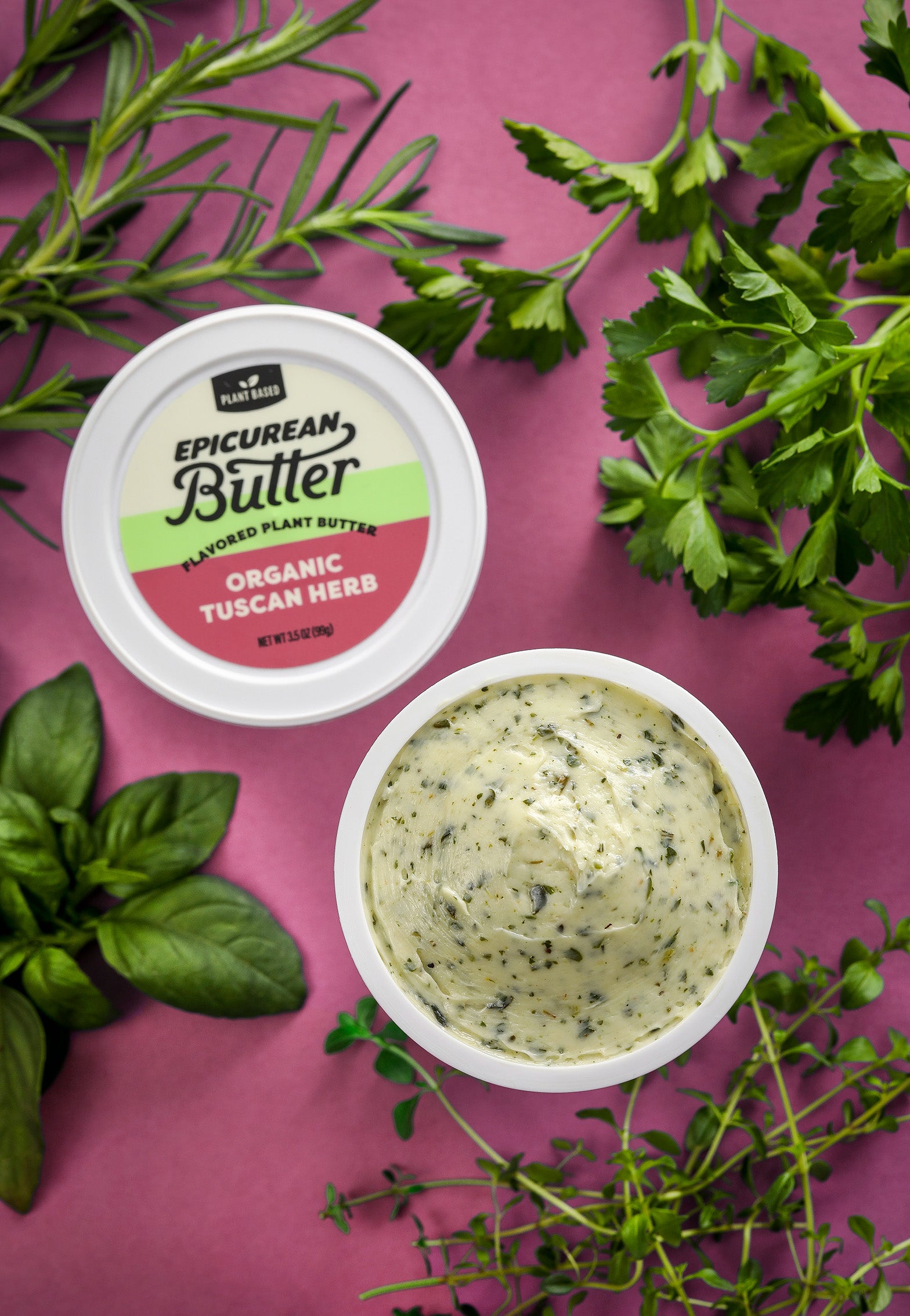Organic Tuscan Herb Flavored Plant Butter tub with ingredients